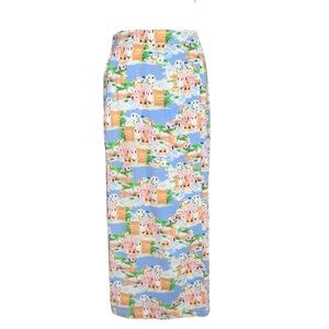 Cynthia Rowley Linen Greek Island Print Blue/Orange Faux Wrap Midi Skirt SZ Med